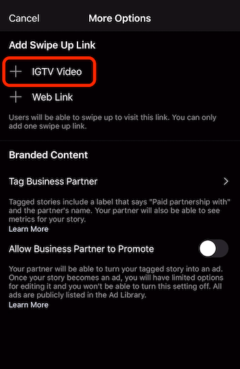 Option zum Hinzufügen eines Swipe-Up-Links zum IGTV-Video