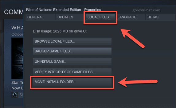 Optionsfeld Steam Move Install Folder