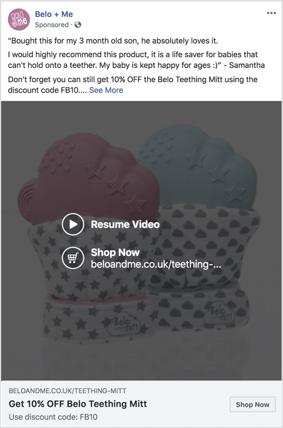 Diese Facebook-Anzeige verwendet ein Diashow-Video, um einen Rabatt auf ein bestimmtes Produkt zu bewerben.