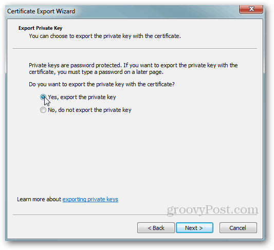 Windows-Zertifikatsexport - Privater Schlüssel Ja