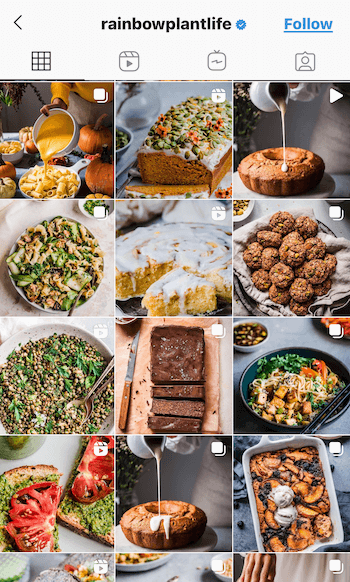 Beispiel-Screenshot des Instagram-Feeds @rainbowplantlife, der die veganen Lebensmittel in tiefen, satten Tönen zeigt