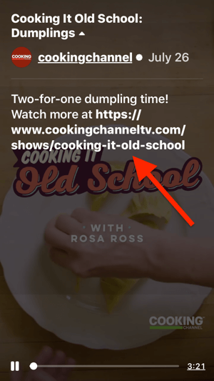 Beispiel eines anklickbaren Videolinks in der Beschreibung der IGTV-Episode 'Dumplings' von Cooking It Old School.