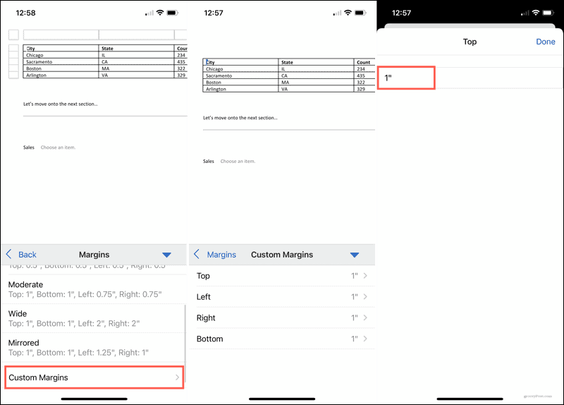 Benutzerdefinierte Ränder in Word auf Mobilgeräten