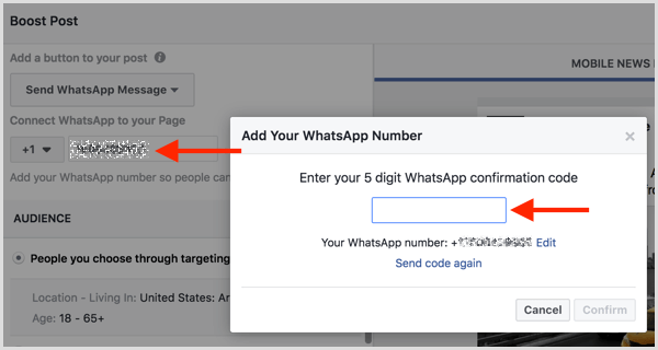 Geben Sie den Bestätigungscode ein, den Sie per SMS erhalten haben, um Ihr WhatsApp Business-Konto mit Facebook zu verbinden.