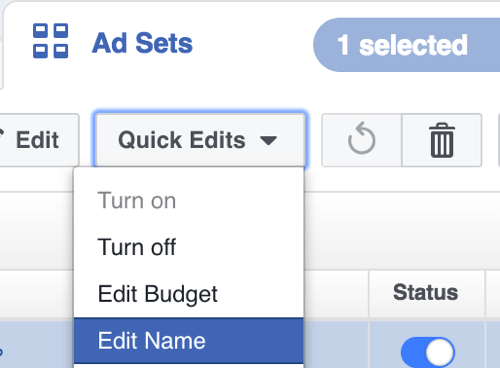 Wählen Sie im Facebook Power Editor die Option Name bearbeiten aus dem Dropdown-Menü Schnellbearbeitung.