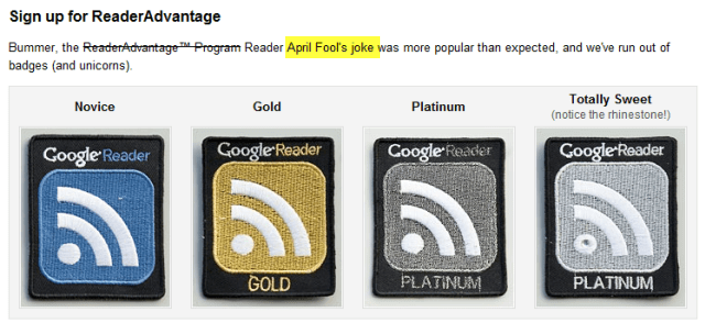 Google Reader 2010 Aprilscherz-Leser-Vorteilsabzeichen