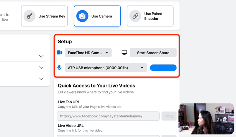 Facebook Live Stream Setup-Option zur Auswahl Ihrer Kamera und Mikrofon und / oder Bildschirmfreigabe