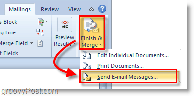 Screenshot von Outlook 2010 - Fertig stellen und E-Mail-Nachrichten zusammenführen und senden
