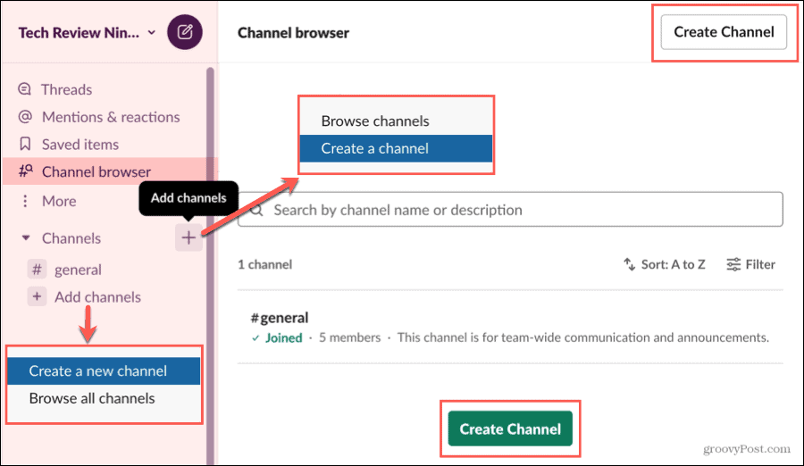 Erstellen Sie einen Kanal im Slack Channel Browser