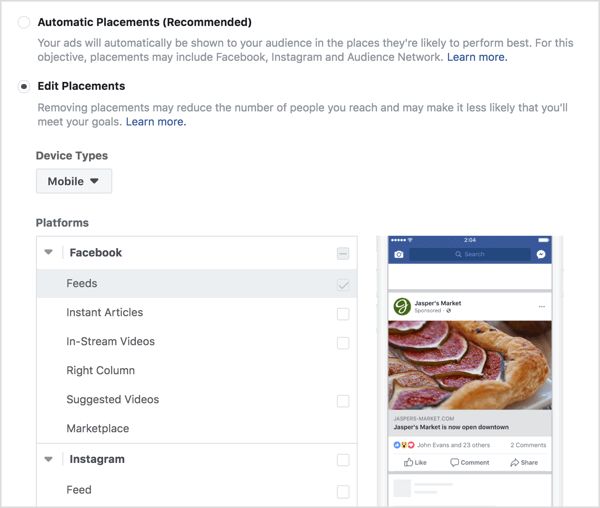 Wählen Sie Placements für eine Facebook-Engagement-Anzeige aus.