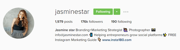 Die Instagram-Profilbiografie von Jasmine Star zeigt ihren Wert.