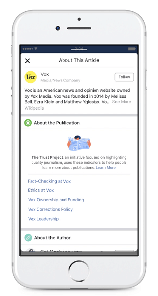 Facebook zeigt ab sofort neue Publisher-Vertrauensindikatoren für Artikel an, die im Newsfeed geteilt werden.